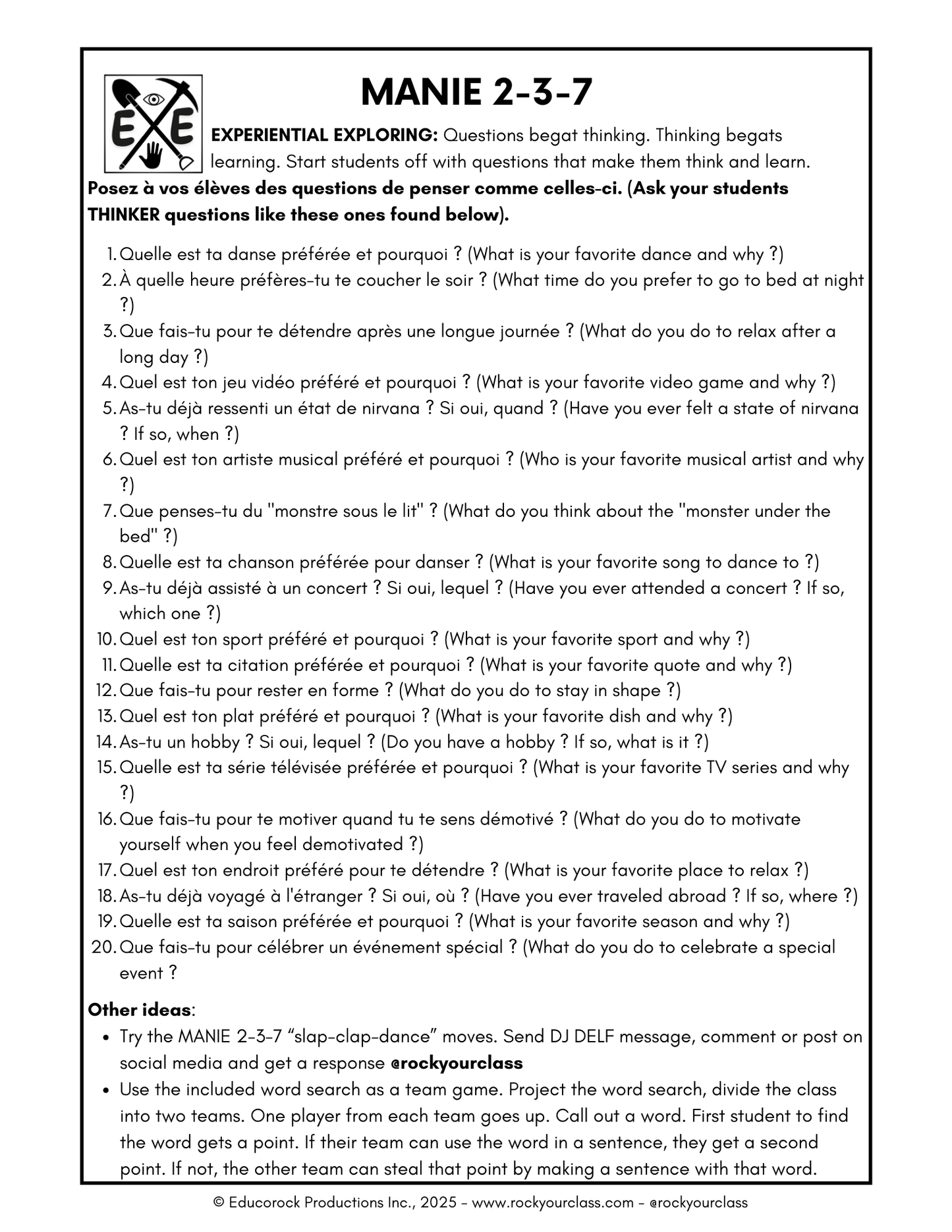 MANIE 2-3-7 (Making the most of MANIE MUSICALE songs) 52-Page prep package