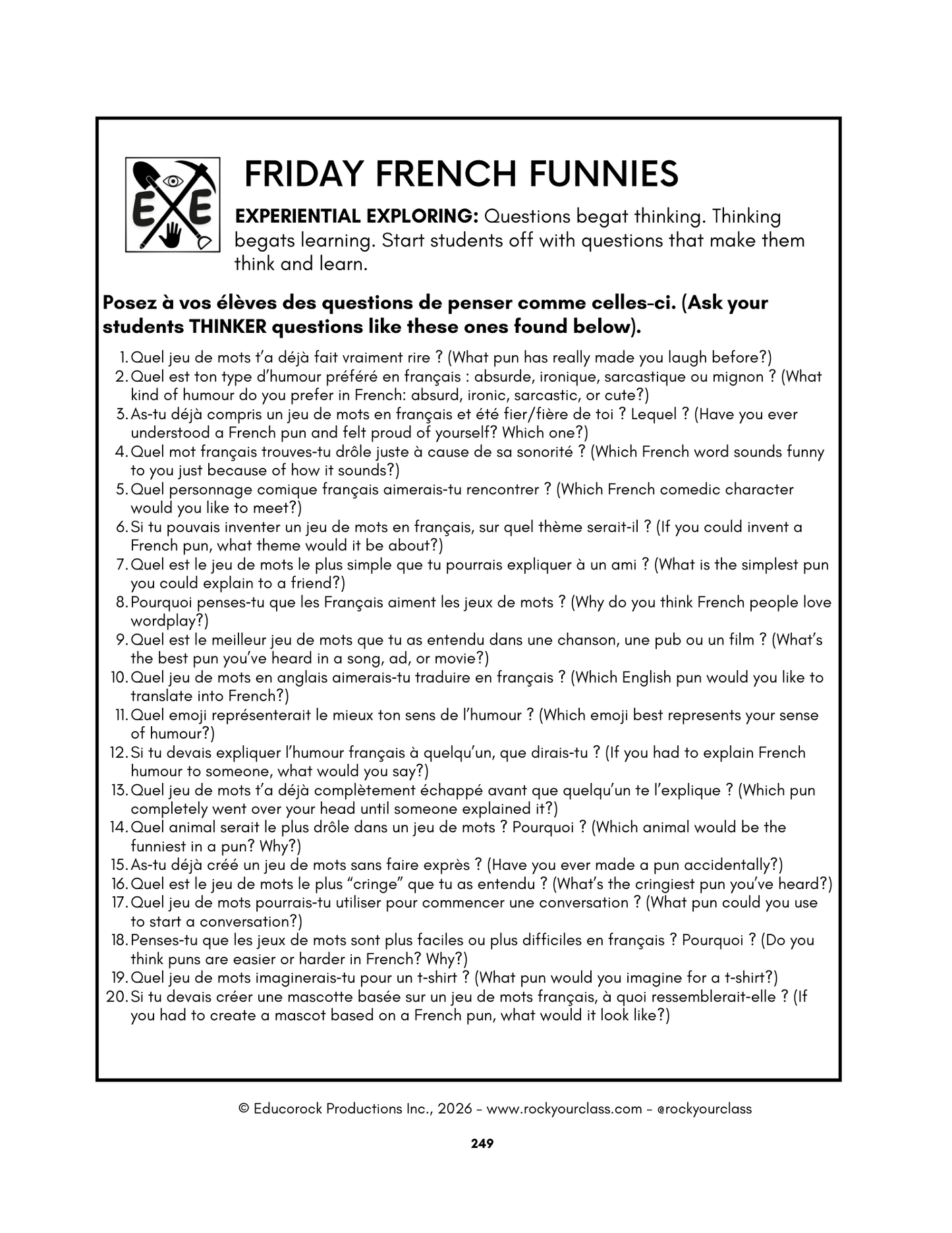 R17 - FRIDAY FRENCH FUNNIES (Pré-A1 beginner to B1 intermediate levels) FULL FOREVER RESOURCE PLATFORM ACCESS