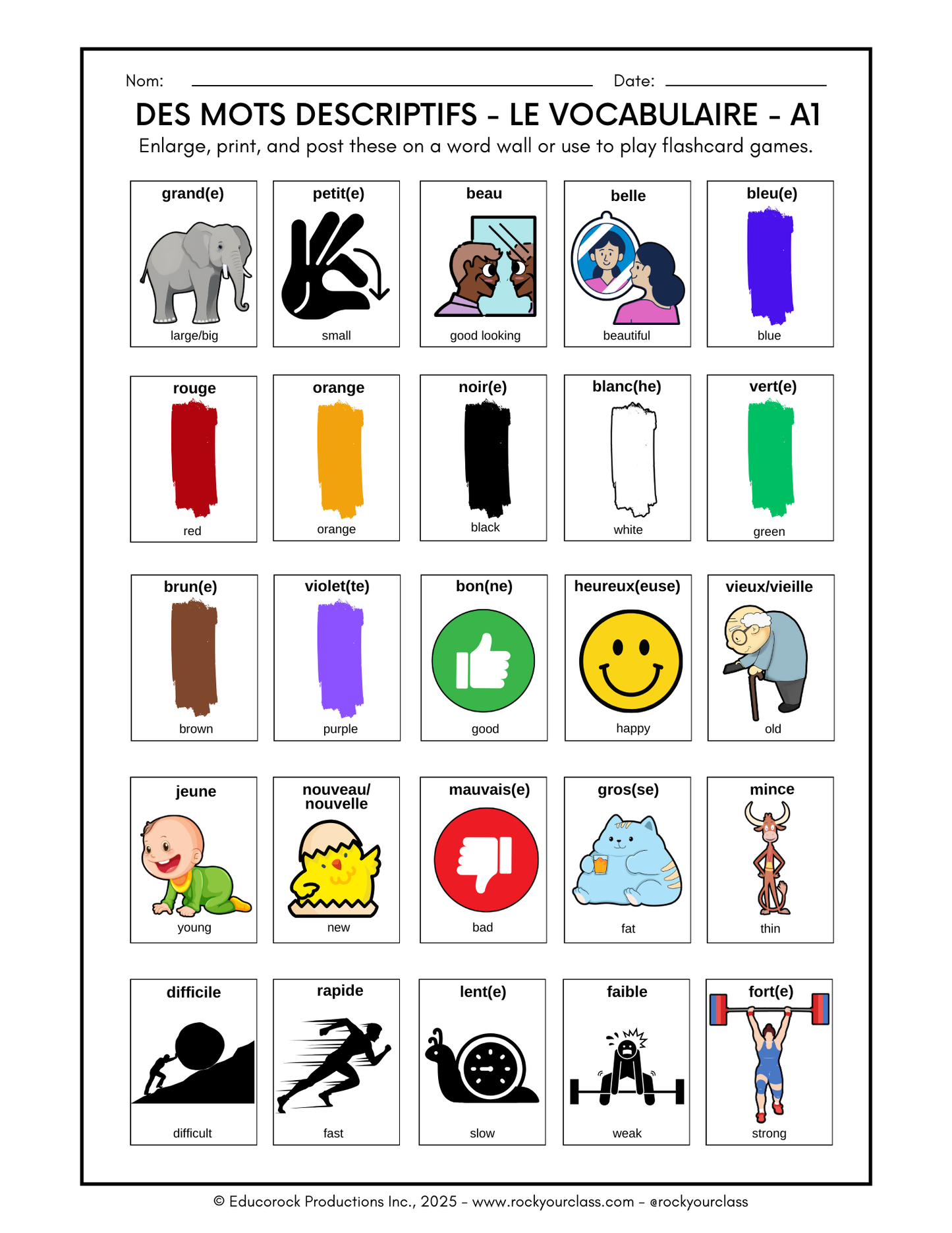 DES MOTS DESCRIPTIFS (Adjectifs) (Pré-A1 beginner to B2 advanced levels) FULL FOREVER RESOURCE PLATFORM ACCESS