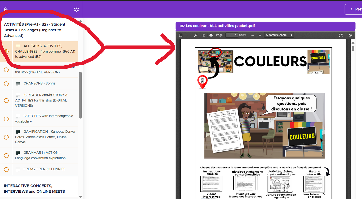 COULEURS (Pré-A1 beginner to B2 advanced levels) FULL FOREVER RESOURCE PLATFORM ACCESS