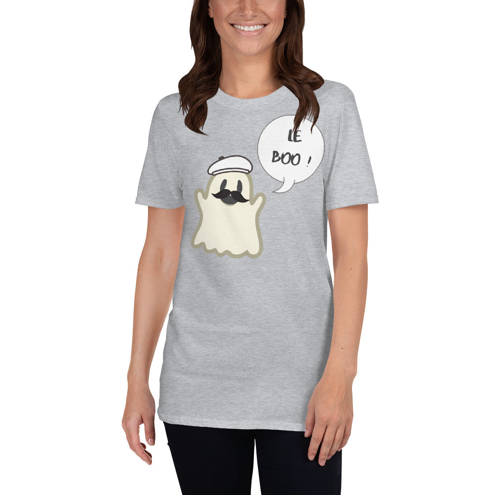 Halloween Spoofy-Spooky Bilingual Ghost saying "Le boo" Short-Sleeve Unisex T-Shirt