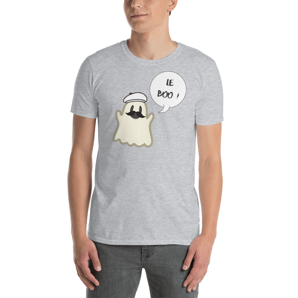 Halloween Spoofy-Spooky Bilingual Ghost saying "Le boo" Short-Sleeve Unisex T-Shirt