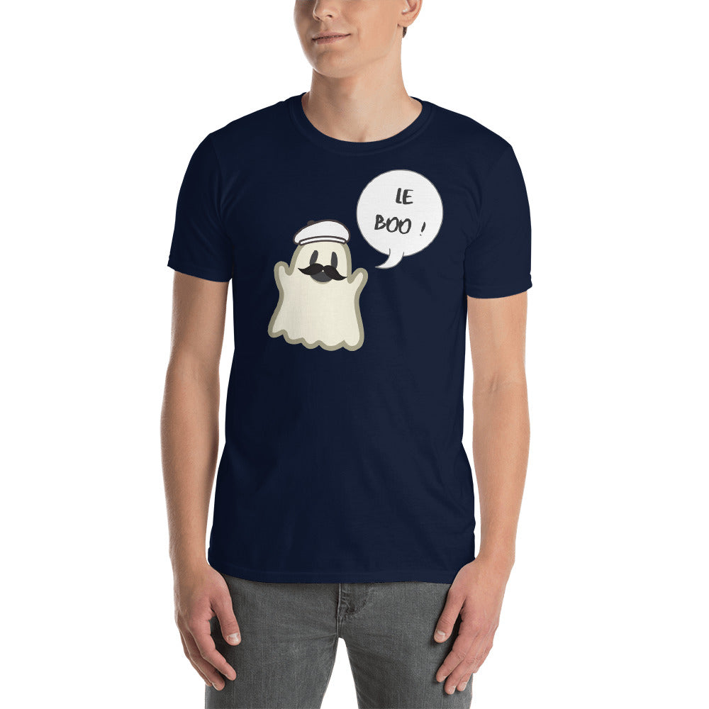 Halloween Spoofy-Spooky Bilingual Ghost saying "Le boo" Short-Sleeve Unisex T-Shirt