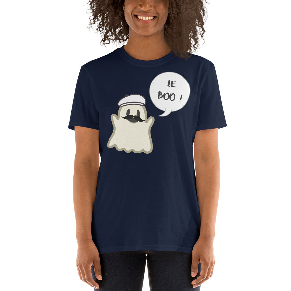 Halloween Spoofy-Spooky Bilingual Ghost saying "Le boo" Short-Sleeve Unisex T-Shirt