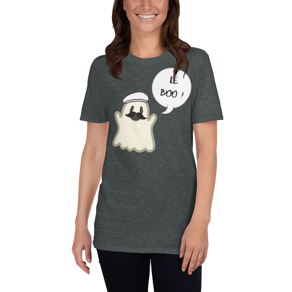 Halloween Spoofy-Spooky Bilingual Ghost saying "Le boo" Short-Sleeve Unisex T-Shirt