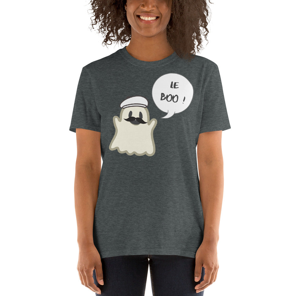 Halloween Spoofy-Spooky Bilingual Ghost saying "Le boo" Short-Sleeve Unisex T-Shirt