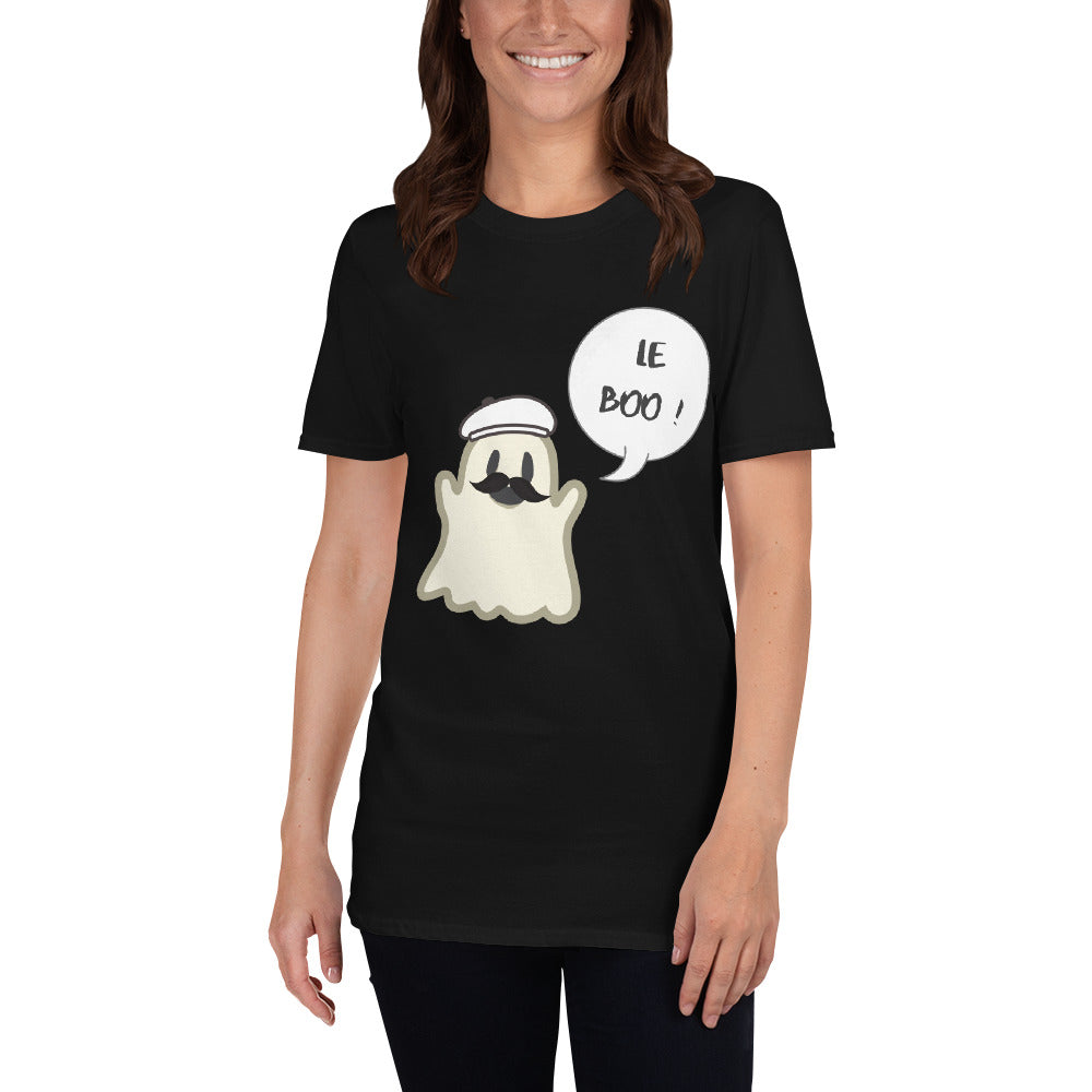 Halloween Spoofy-Spooky Bilingual Ghost saying "Le boo" Short-Sleeve Unisex T-Shirt