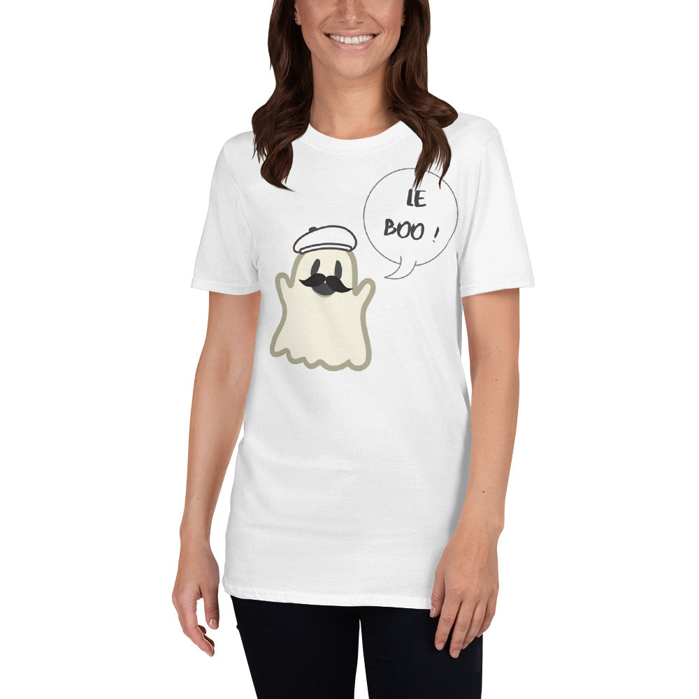 Halloween Spoofy-Spooky Bilingual Ghost saying "Le boo" Short-Sleeve Unisex T-Shirt