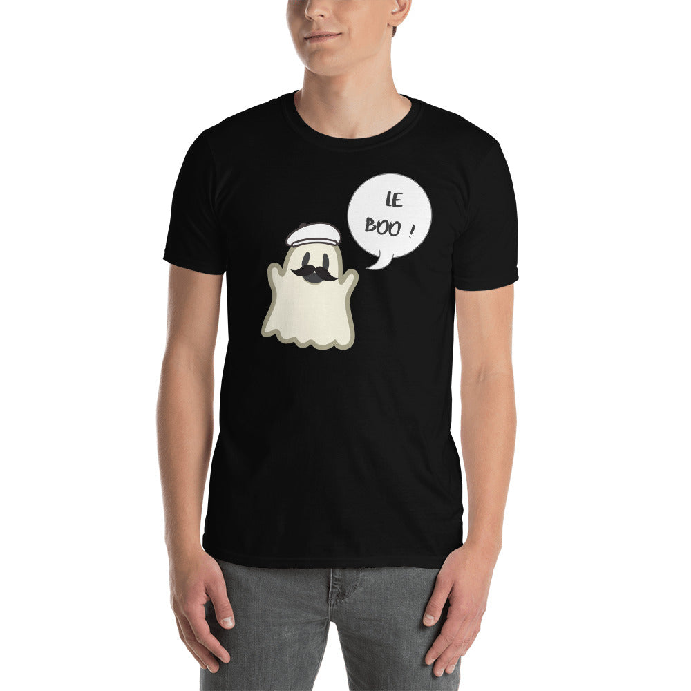 Halloween Spoofy-Spooky Bilingual Ghost saying "Le boo" Short-Sleeve Unisex T-Shirt