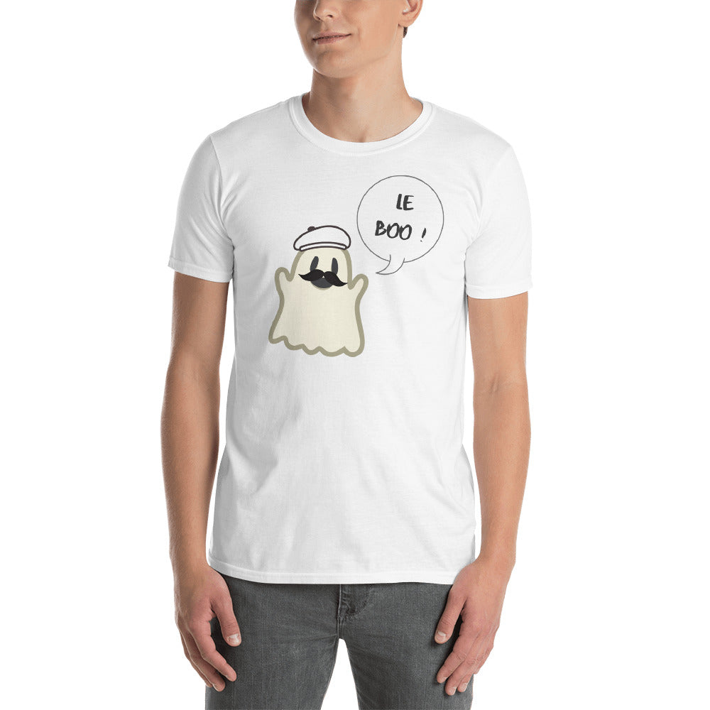 Halloween Spoofy-Spooky Bilingual Ghost saying "Le boo" Short-Sleeve Unisex T-Shirt