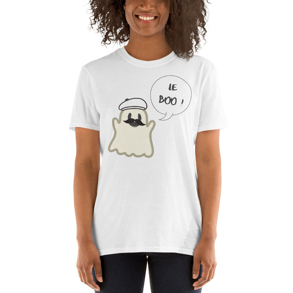 Halloween Spoofy-Spooky Bilingual Ghost saying "Le boo" Short-Sleeve Unisex T-Shirt
