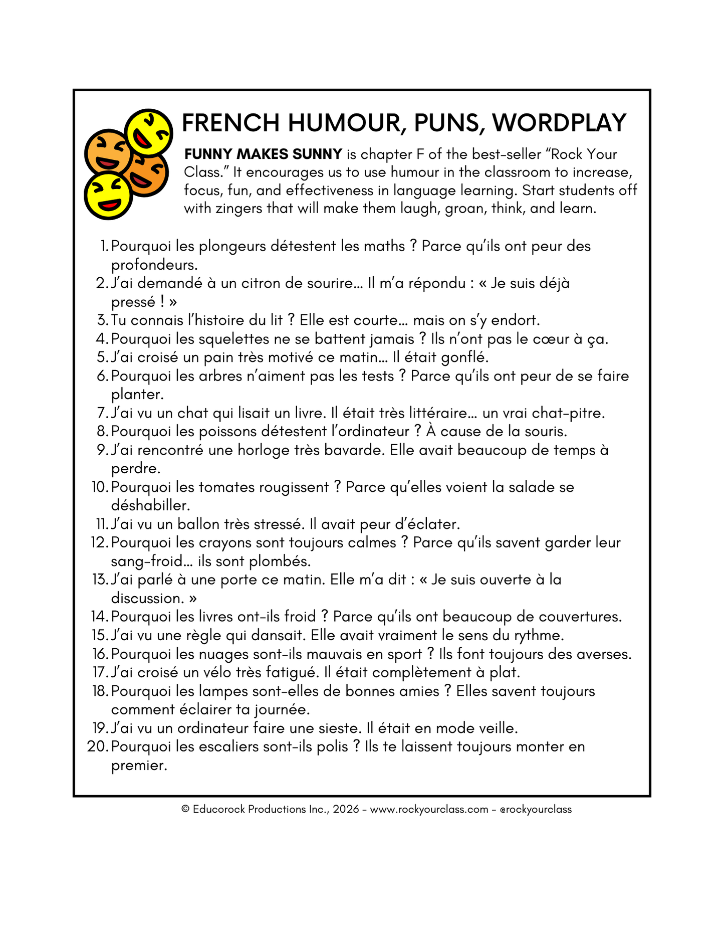 R17 - FRIDAY FRENCH FUNNIES (Pré-A1 beginner to B1 intermediate levels) FULL FOREVER RESOURCE PLATFORM ACCESS