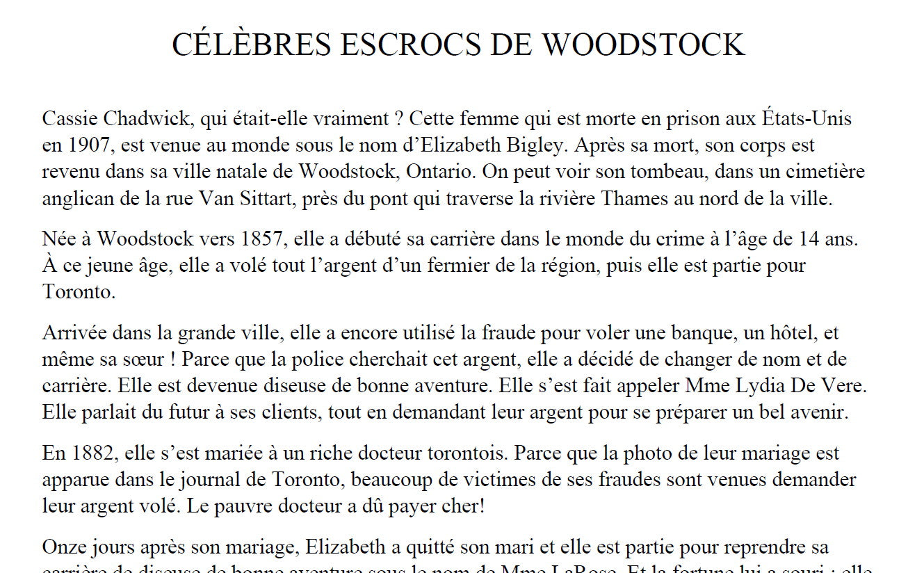 Célèbres escrocs de Woodstock - French story time