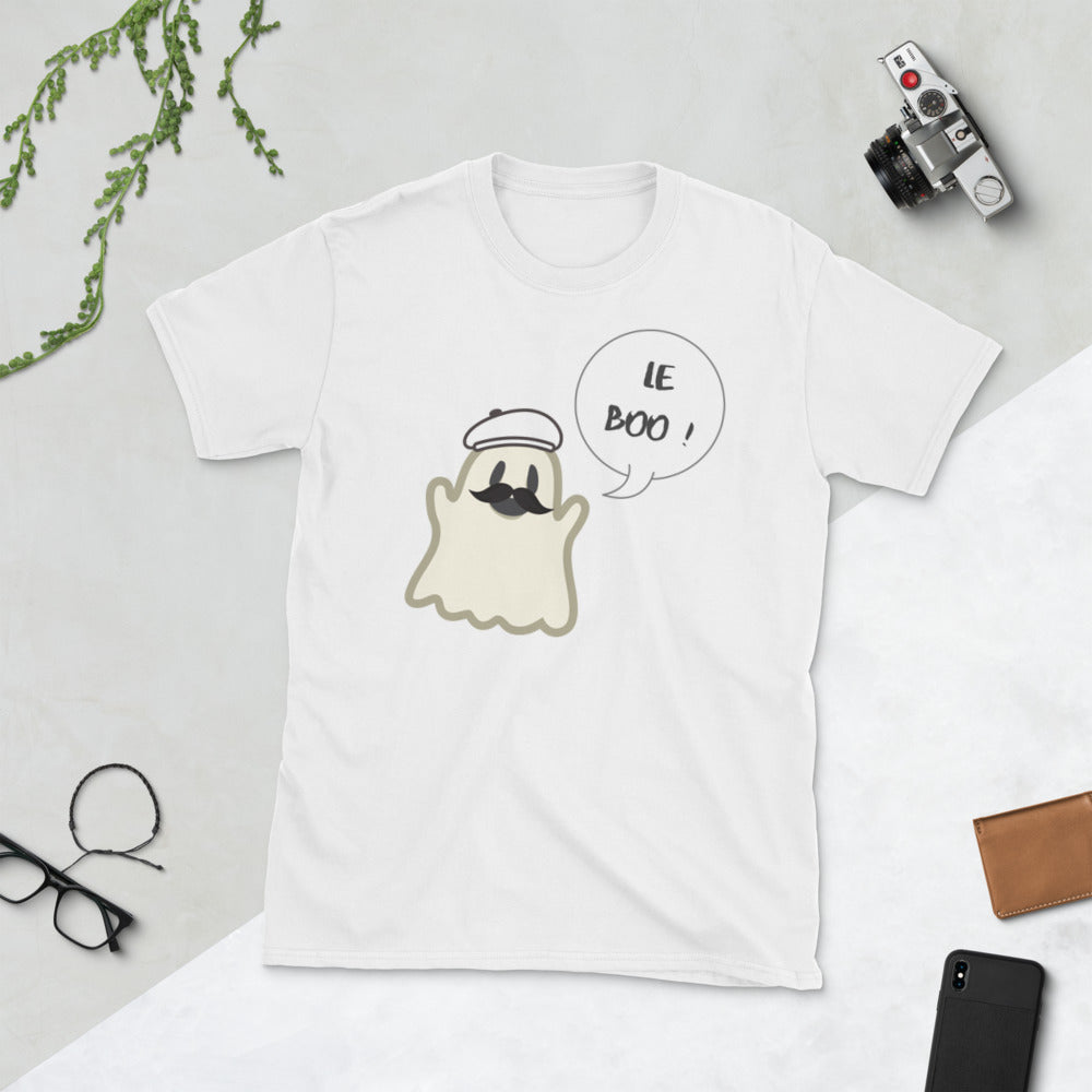 Halloween Spoofy-Spooky Bilingual Ghost saying "Le boo" Short-Sleeve Unisex T-Shirt