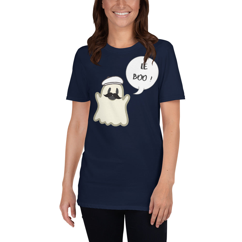 Halloween Spoofy-Spooky Bilingual Ghost saying "Le boo" Short-Sleeve Unisex T-Shirt