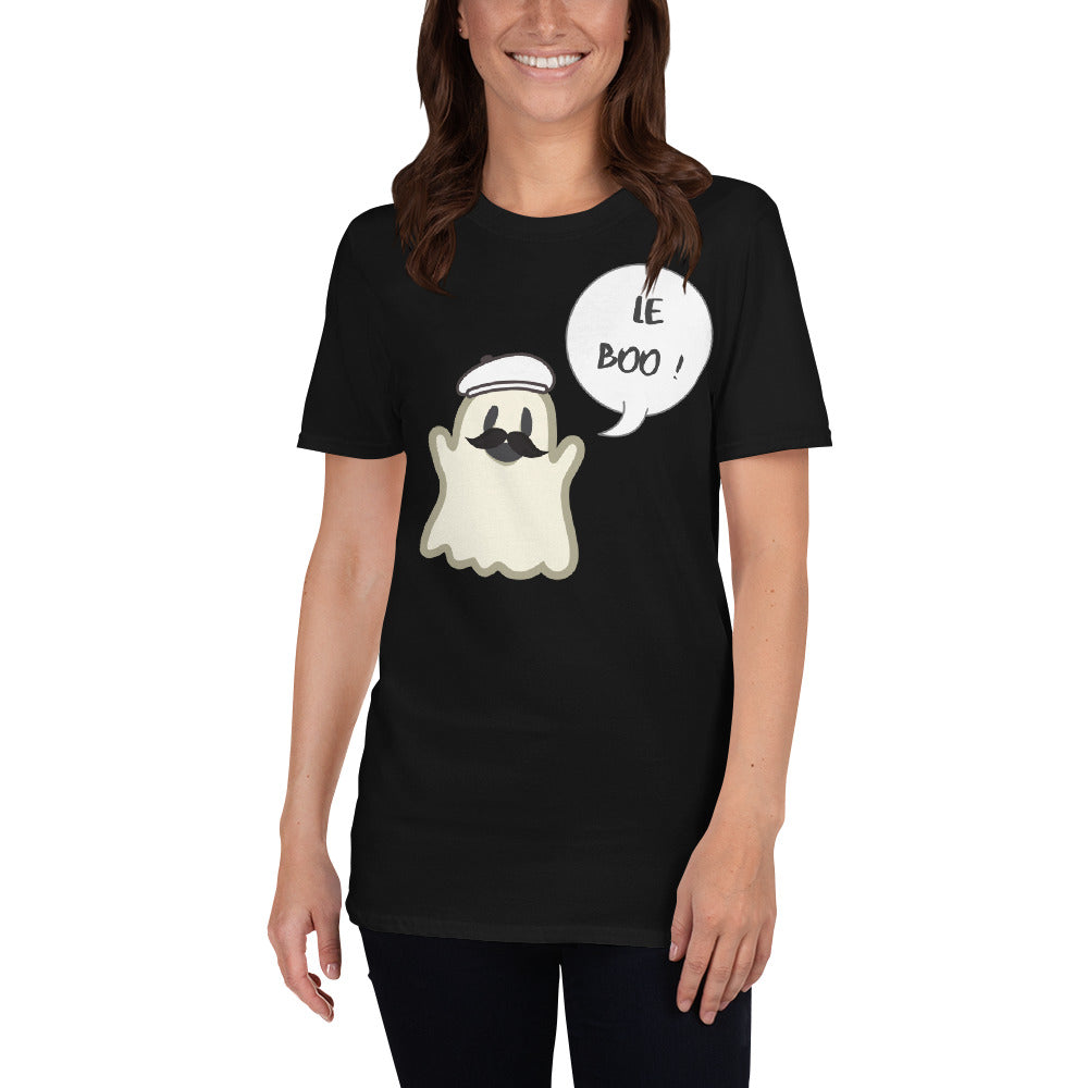 Halloween Spoofy-Spooky Bilingual Ghost saying "Le boo" Short-Sleeve Unisex T-Shirt