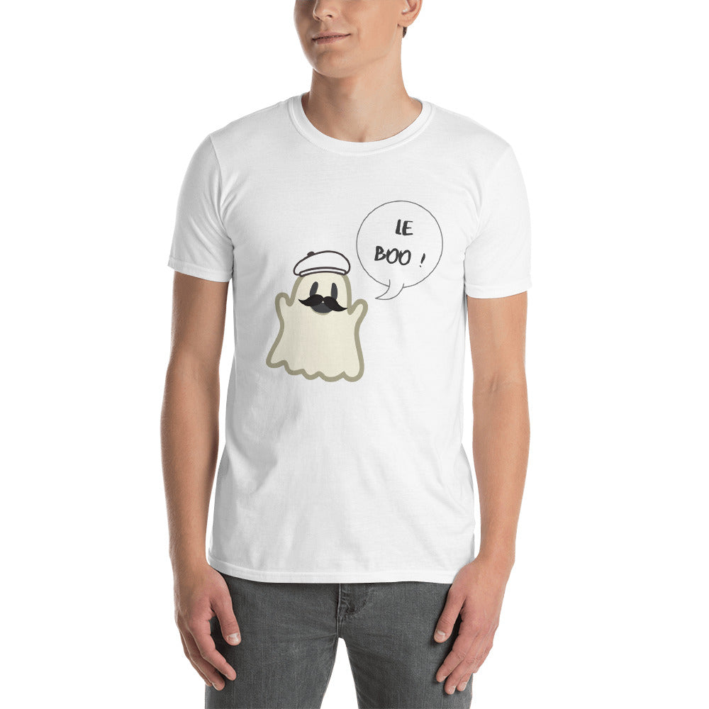 Halloween Spoofy-Spooky Bilingual Ghost saying "Le boo" Short-Sleeve Unisex T-Shirt