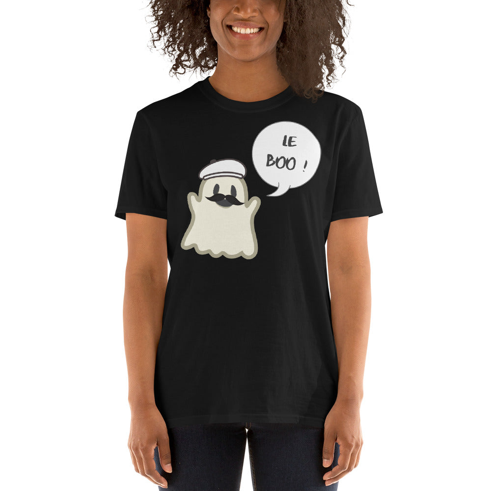 Halloween Spoofy-Spooky Bilingual Ghost saying "Le boo" Short-Sleeve Unisex T-Shirt